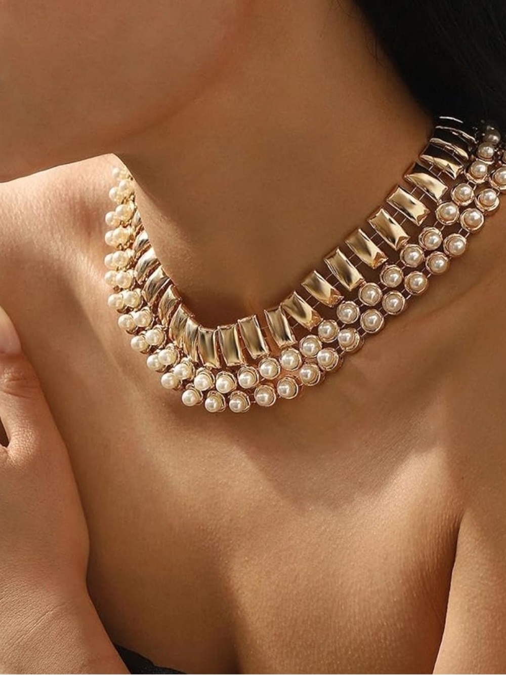 Gold Pearl Layered Statement Choker Necklace & Stud Earrings Set Fifiβs Closet - Picture 6 of 7